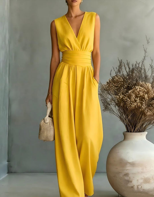 R&B | Eleganter Ärmelloser Jumpsuit mit Tiefem V-Ausschnitt, Taillenbund und Weitem Bein
