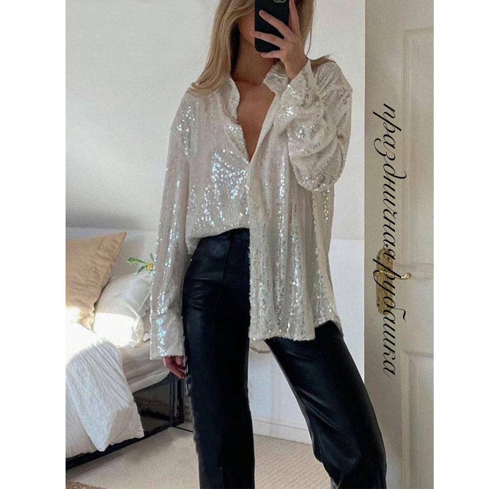 Damen Glitzerndes Langarmhemd mit lässigem Schnitt und eleganten Pailletten R&B