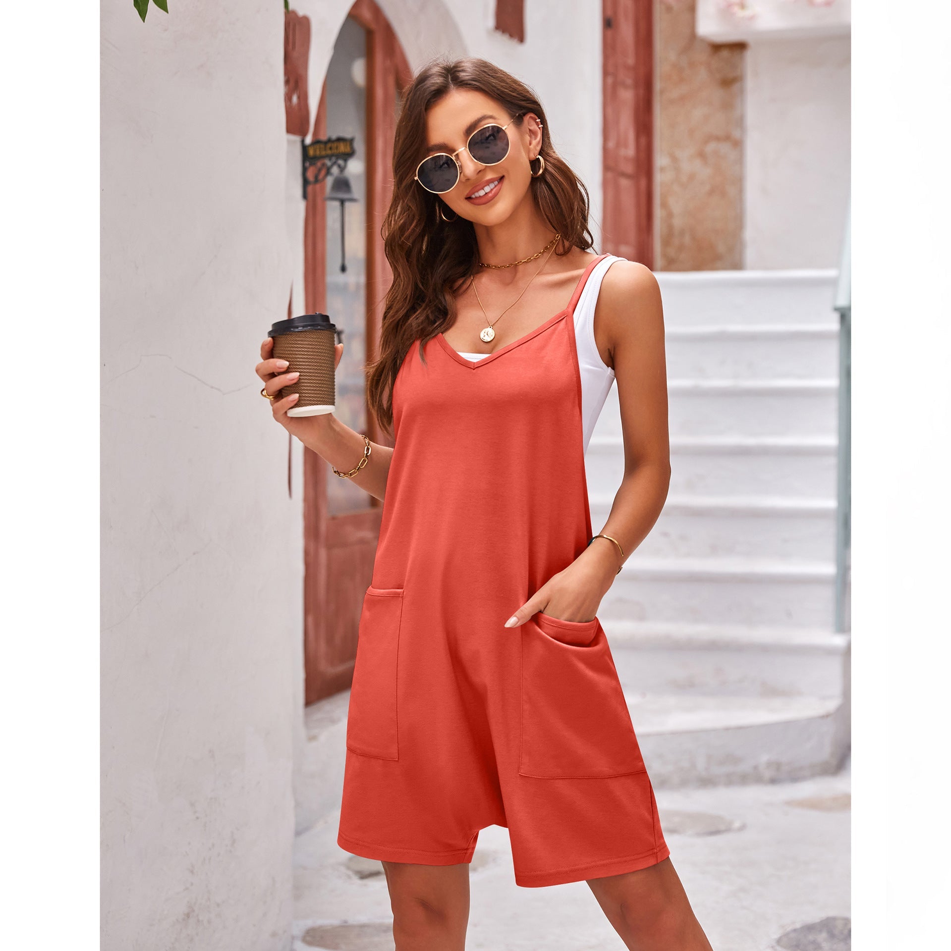 Damen komfortabler Overall mit tiefem Ausschnitt und praktischen Taschen R&B