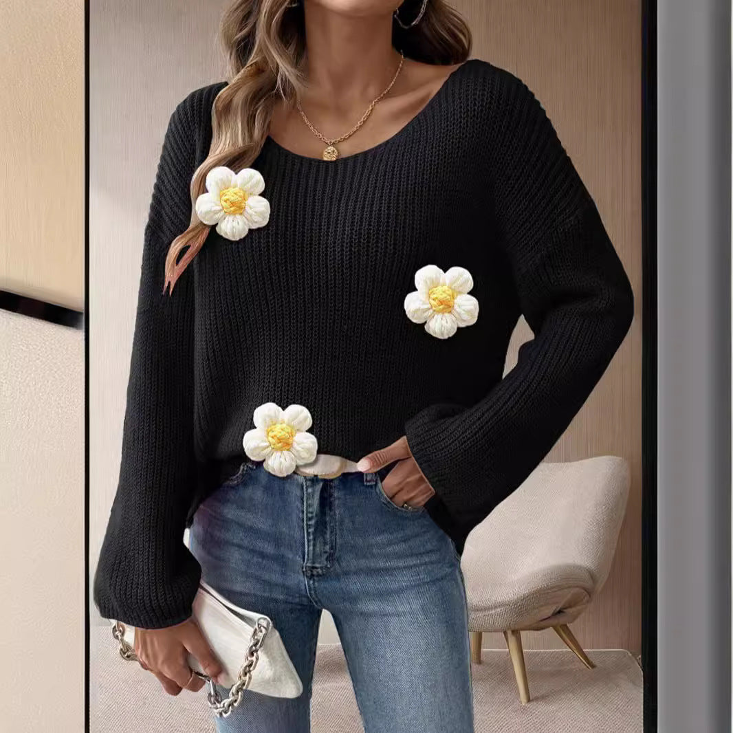 Damen Strickpullover mit verspielten Blumenapplikationen R&B