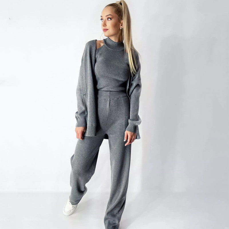 Damen elegantes Strick-Lounge-Set mit hohem Kragen und weiter Passform R&B