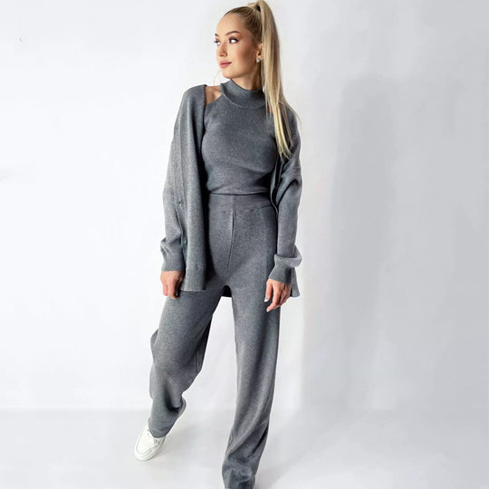 Damen elegantes Strick-Lounge-Set mit hohem Kragen und weiter Passform R&B