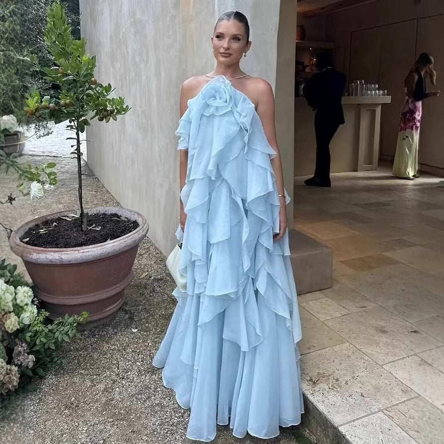 Damen Maxikleid mit voluminösen Rüschen und floralen Akzenten R&B