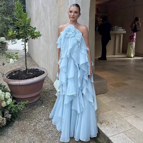 Damen Maxikleid mit voluminösen Rüschen und floralen Akzenten R&B