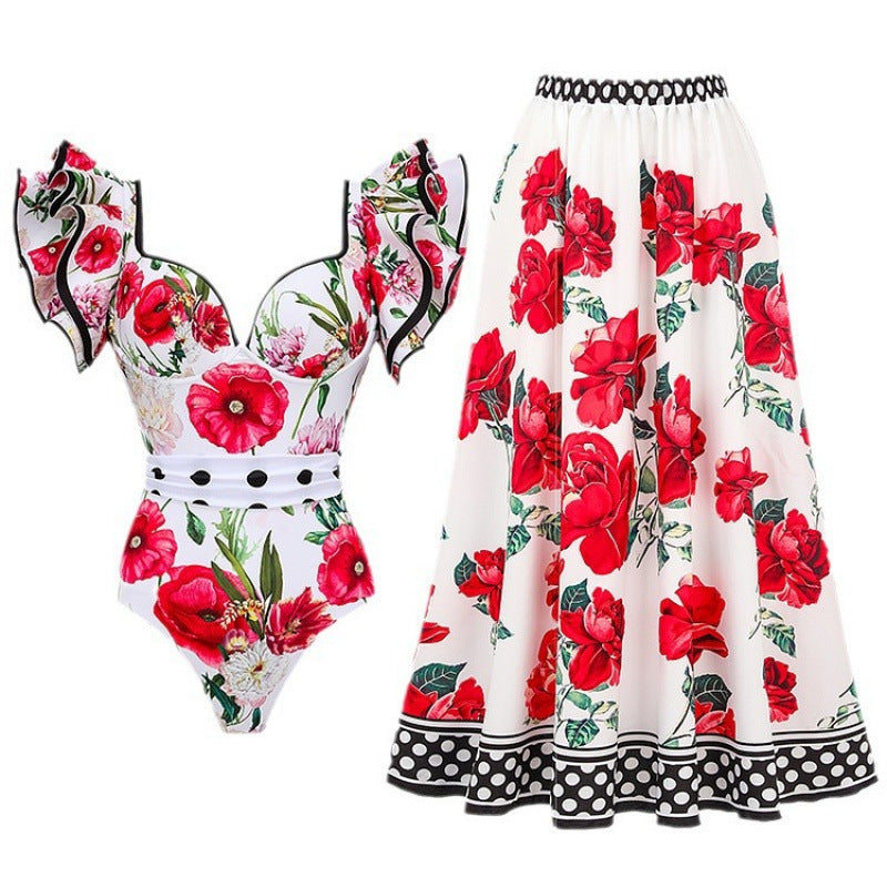 Damen Badeanzug mit Rüschendetails und floralem Rock R&B