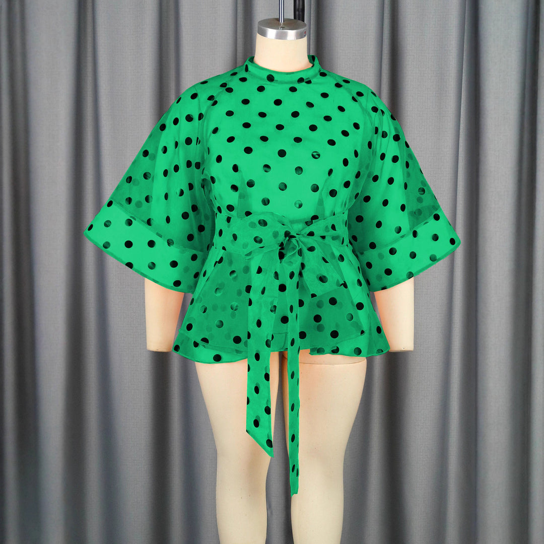 Damen Chiffonbluse mit transparentem Polka-Dots-Design und tailliertem Bindegürtel R&B