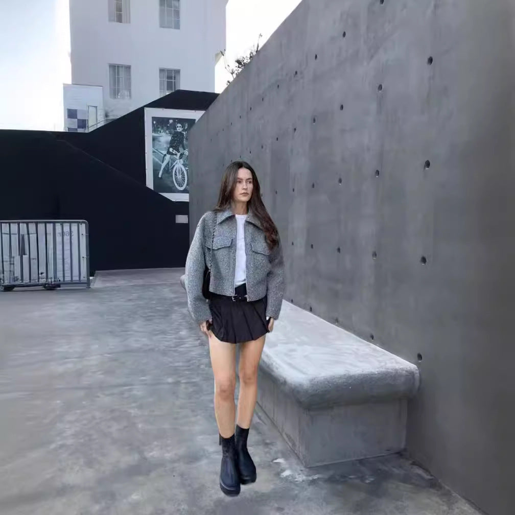 Damen cropped Winterjacke mit klassischem Kragen und Brusttaschen R&B