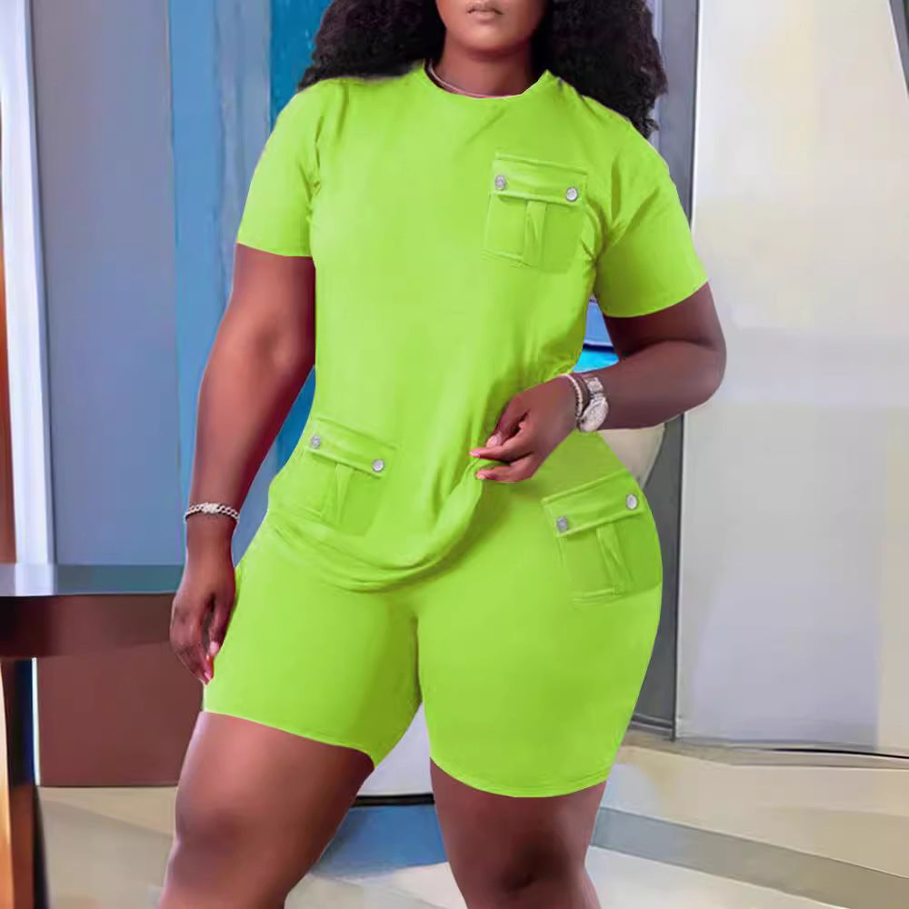 Damen Sportliches Oberteil und Shorts Set mit praktischen Taschen R&B