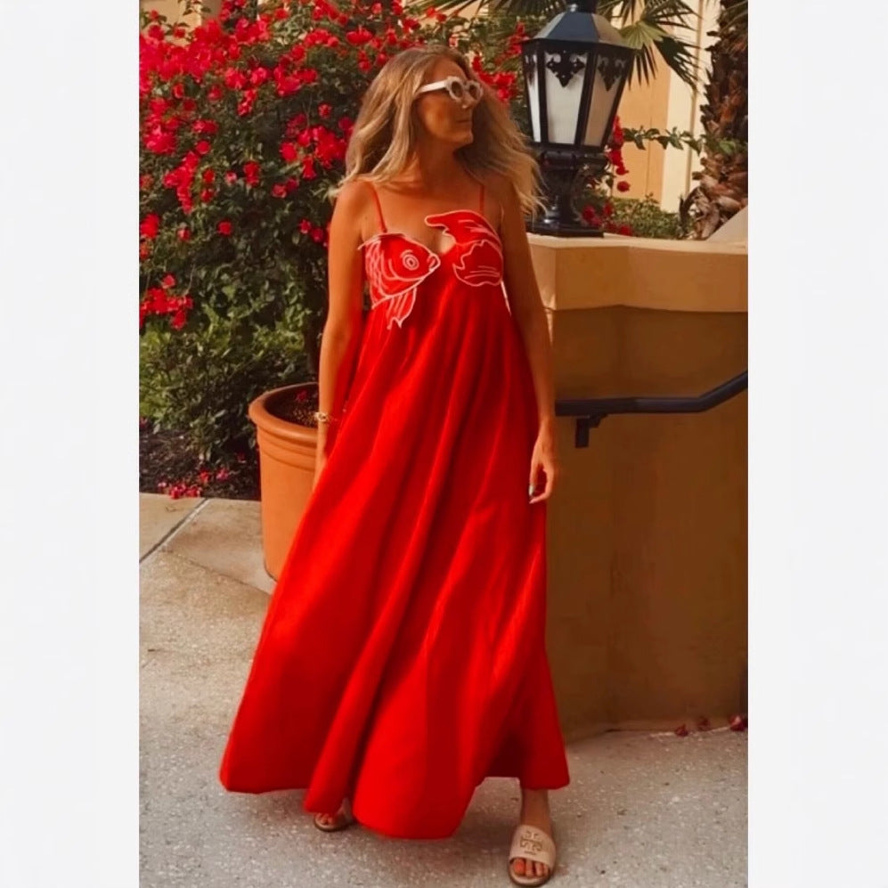 Damen Maxikleid mit verspieltem Fischnetz-Design und verstellbaren Spaghetti-Trägern R&B