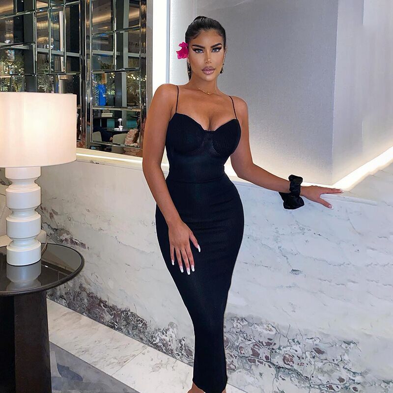 Damen Figurbetontes Midi-Kleid mit Trägern und Körbchen R&B