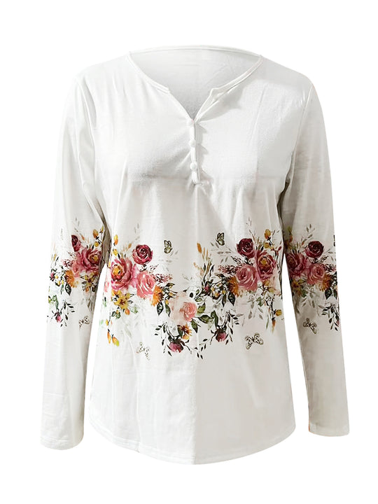 Damen Langarmshirt mit floralem Design und Knopfleiste R&B