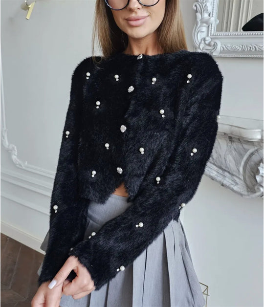 Damen Flauschige Strickjacke mit Schmuckknöpfen und elegantem Schnitt R&B