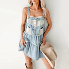 Damen Jeans-Latzkleid mit Spitzenakzenten und fransigem Saum R&B