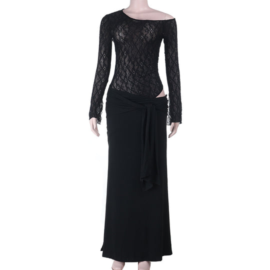 Damen eleganter Spitzen-Bodysuit mit schickem langen Rock R&B