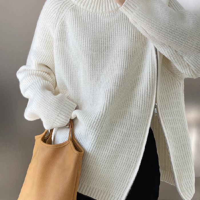 Damen lässiger Strickpullover mit seitlichem Reißverschluss und hohem Kragen R&B