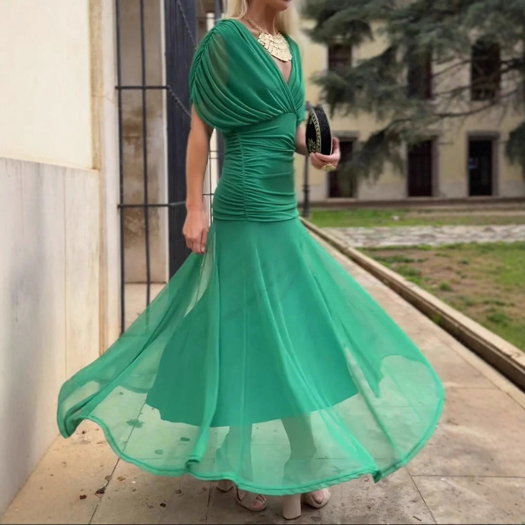 Damen nan fließendes Abendkleid mit transparentem Chiffon-Capelet, V-Ausschnitt und taillierter Drapierung R&B