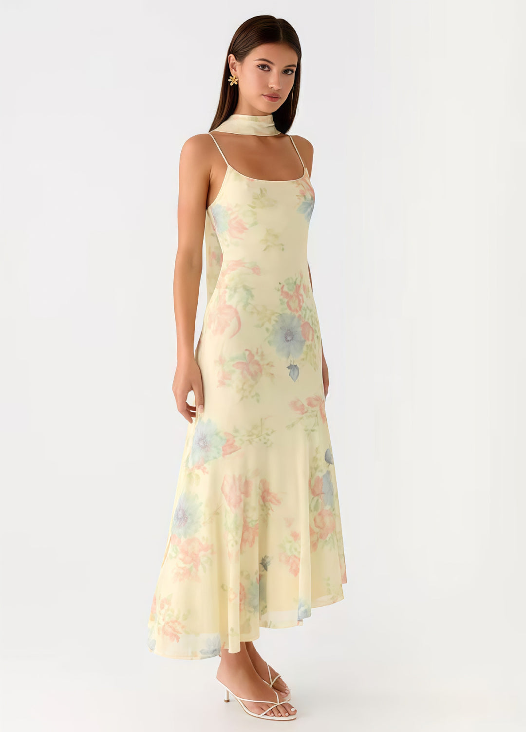 Damen Elegantes Maxikleid mit blumigem Chiffon-Design und Neckholder-Ausschnitt R&B