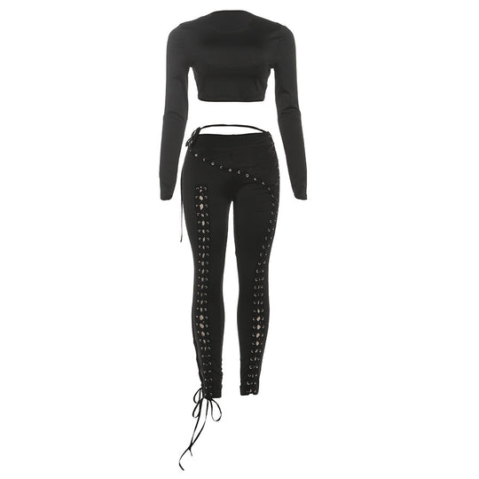 Damen Crop-Top und Hoch geschnittene Leggings mit Schnürdetails R&B