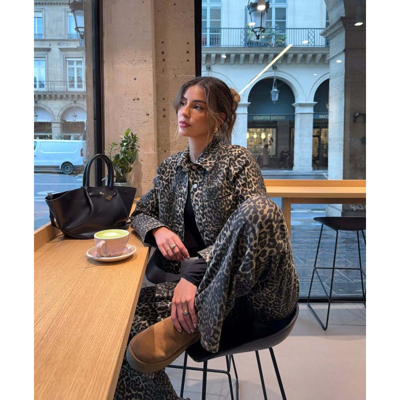 Damen lässige Leo-Print Jacke mit praktischen Taschen R&B
