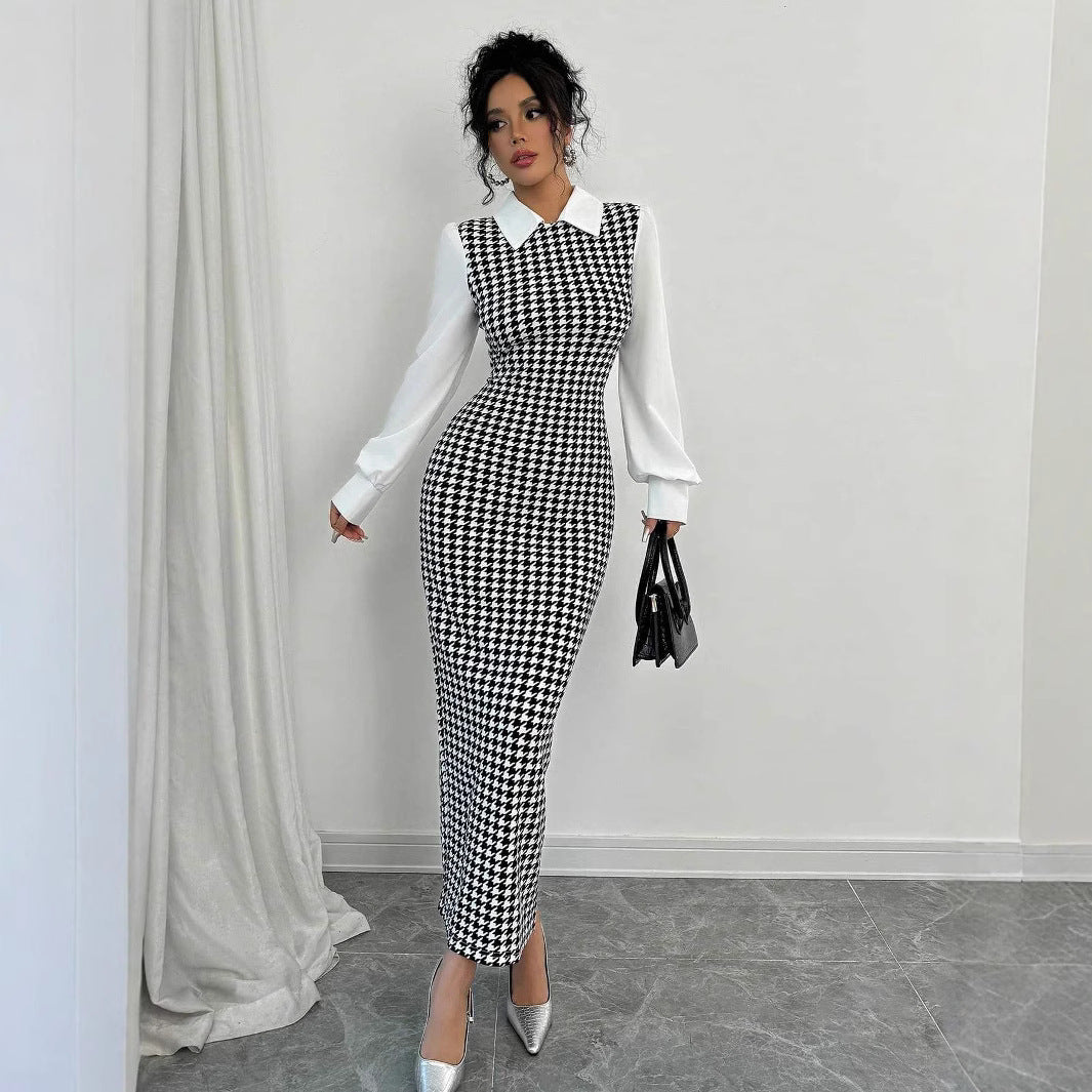 Damen elegantes Midirkleid mit glänzenden Puffärmeln R&B