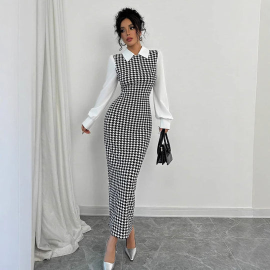 Damen elegantes Midirkleid mit glänzenden Puffärmeln R&B