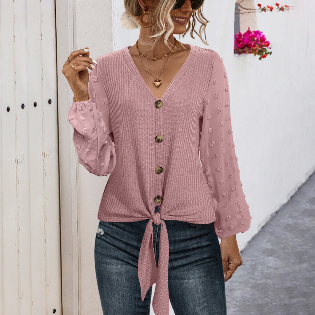 Damen modisches Blusenshirt mit Knopfdetails und voluminösen Ärmeln R&B