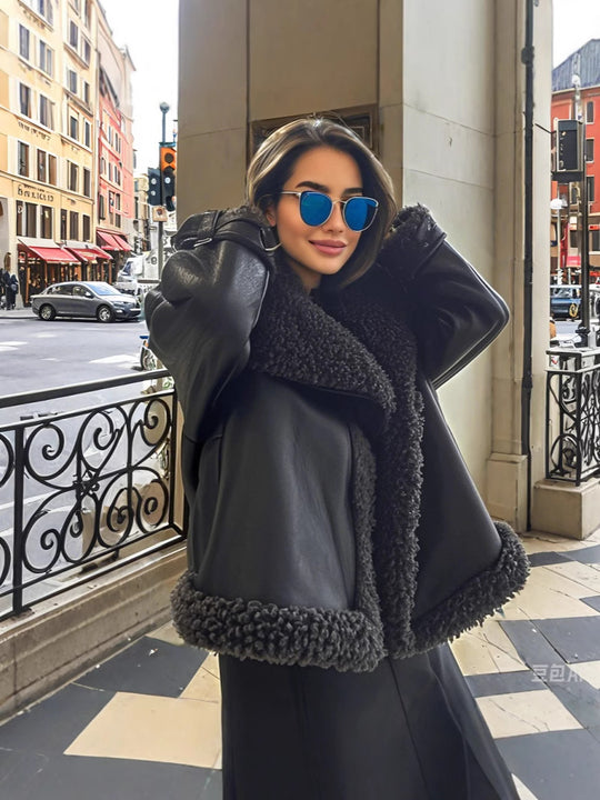 Damen Oversized Kunstlederjacke mit kuscheligem Futter R&B