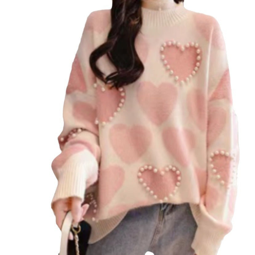 Damen Gemusterter Strickpullover mit Herz-Applikationen und Rippkragen R&B
