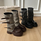Damen Boots mit modischer Schnallenverzierung und robustem Plateau-Heel R&B