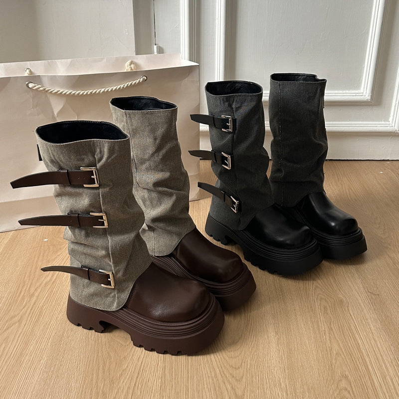 Damen Boots mit modischer Schnallenverzierung und robustem Plateau-Heel R&B