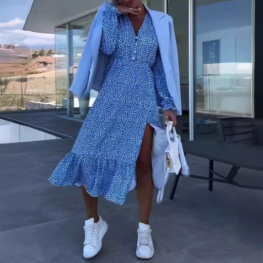 Damen nan Midikleid mit V-Ausschnitt geraffter Taillennaht langen Ärmeln Volant-Saum und seitlichem Beinschlitz R&B