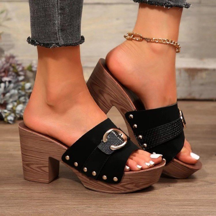 Damen Plattform-Sandalen mit modischem Schnallen-Design und Holzoptik R&B
