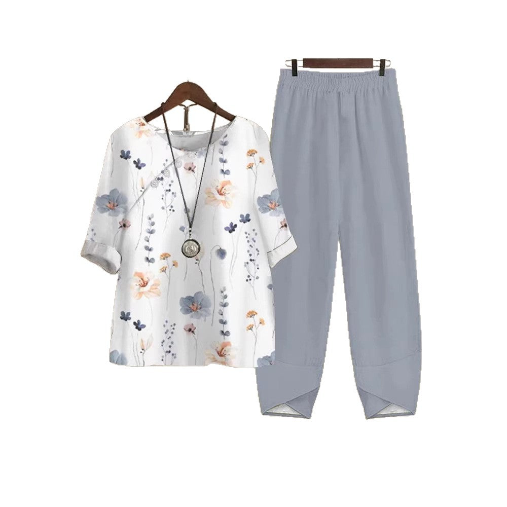 Damen Freizeit Oberteil mit floralem Muster und bequemer Hose R&B