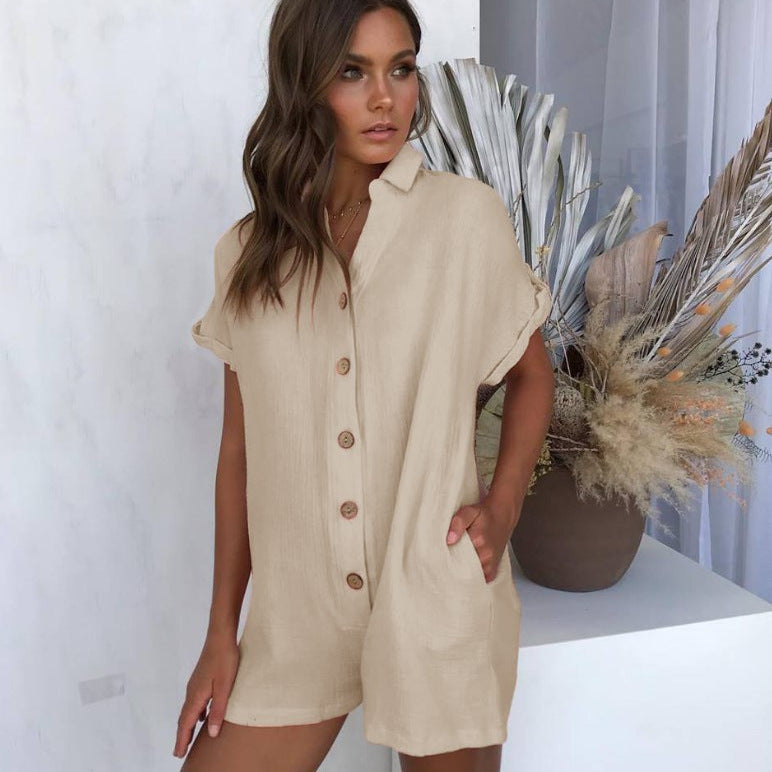 Damen Jumpsuit mit gekrempelten Ärmeln und Knopfleiste R&B