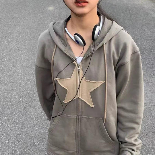 Damen Großer Kapuzenpullover mit Sternenapplikation und Reißverschluss R&B