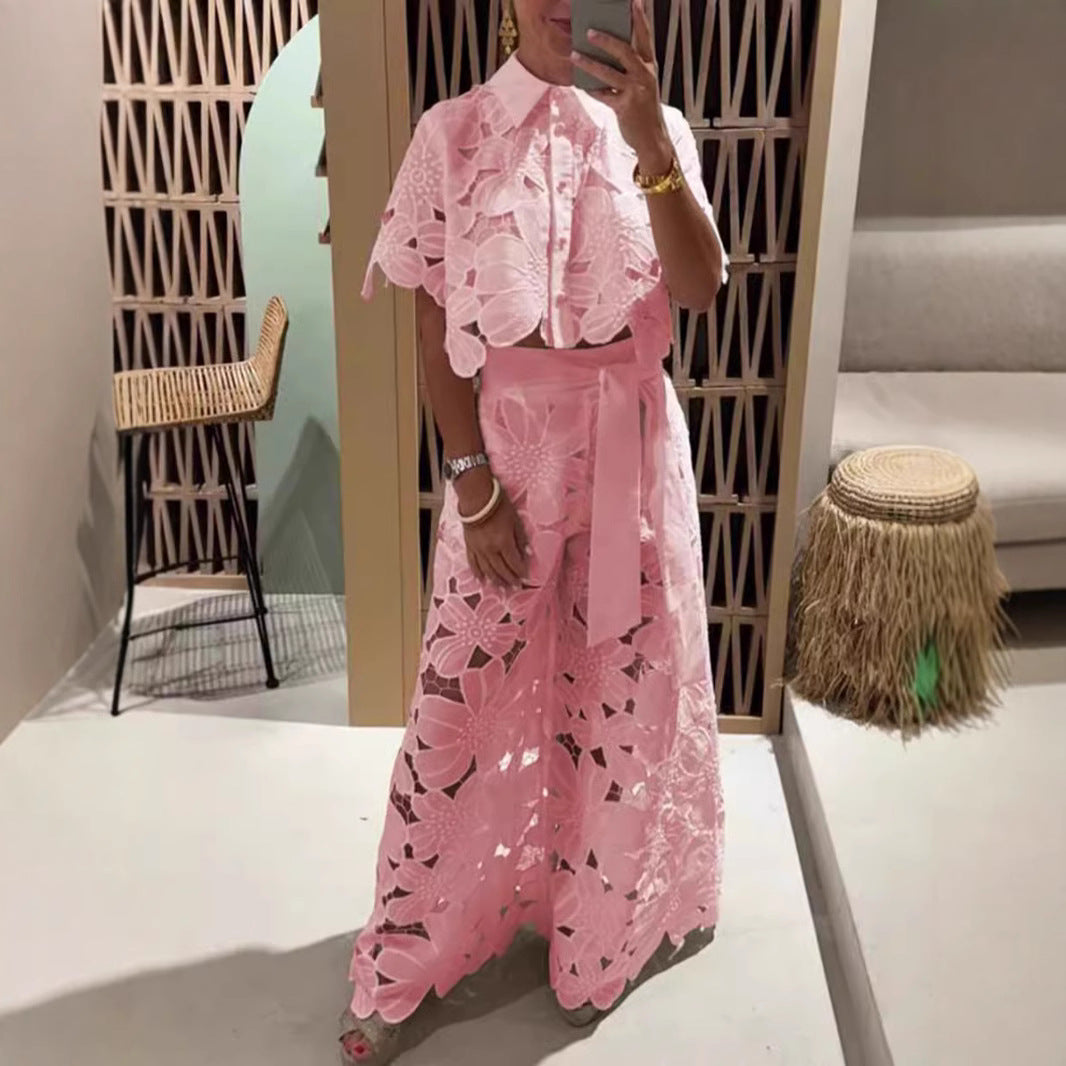 Damen Set im modernen Blumendesign mit cropped Bluse und Maxi-Rock R&B