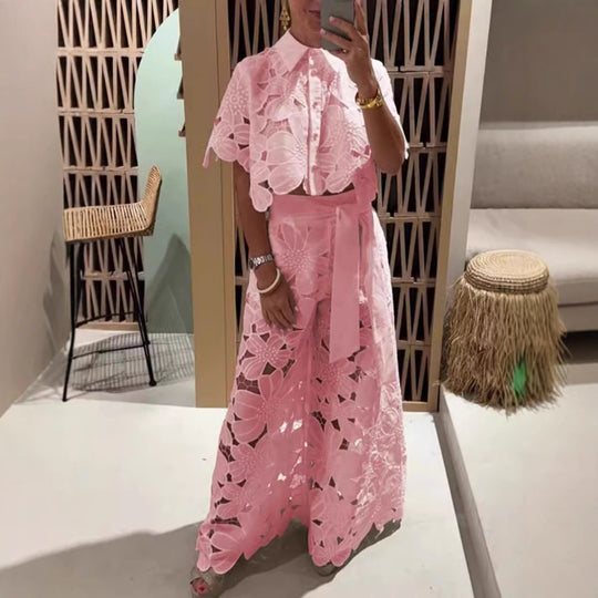 Damen nan zweiteiliges Spitzenensemble mit bauchfreier Bluse und weiter Palazzohose R&B
