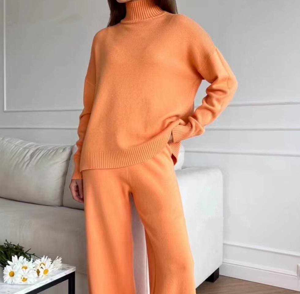 Damen Lässiges Strickset mit hohem Kragen und weitem Bein R&B