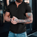 Herren Kurzarm-Henley-T-Shirt aus atmungsaktiver Baumwolle mit dekorativer Knopfleiste R&B