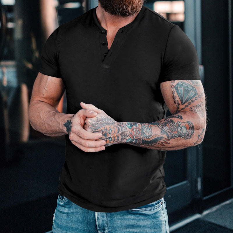 Herren Kurzarm-Henley-T-Shirt aus atmungsaktiver Baumwolle mit dekorativer Knopfleiste R&B