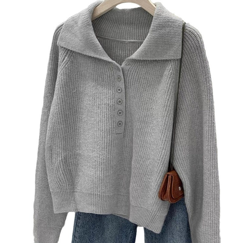 Damen Strickpullover mit Kragen und Knopfleiste R&B