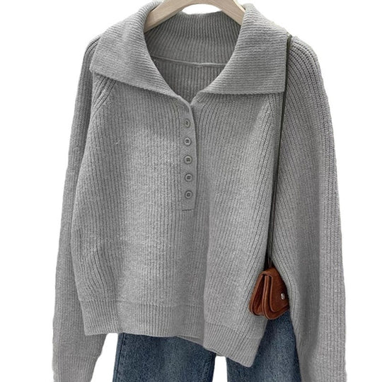 Damen Strickpullover mit Kragen und Knopfleiste R&B