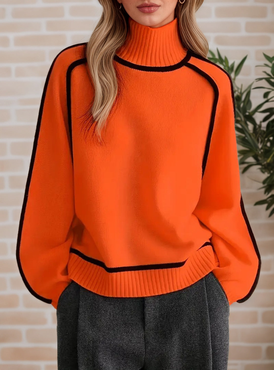 Damen Pullover mit hohem Kragen und Volumenärmeln R&B