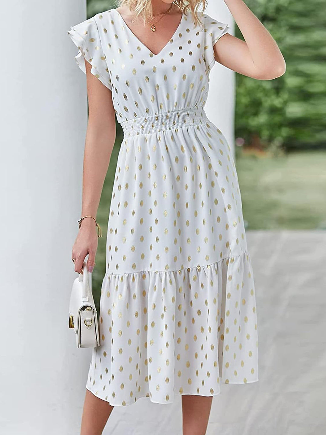 Damen Maxikleid mit Rüschendetails und schimmerndem Punktmuster R&B