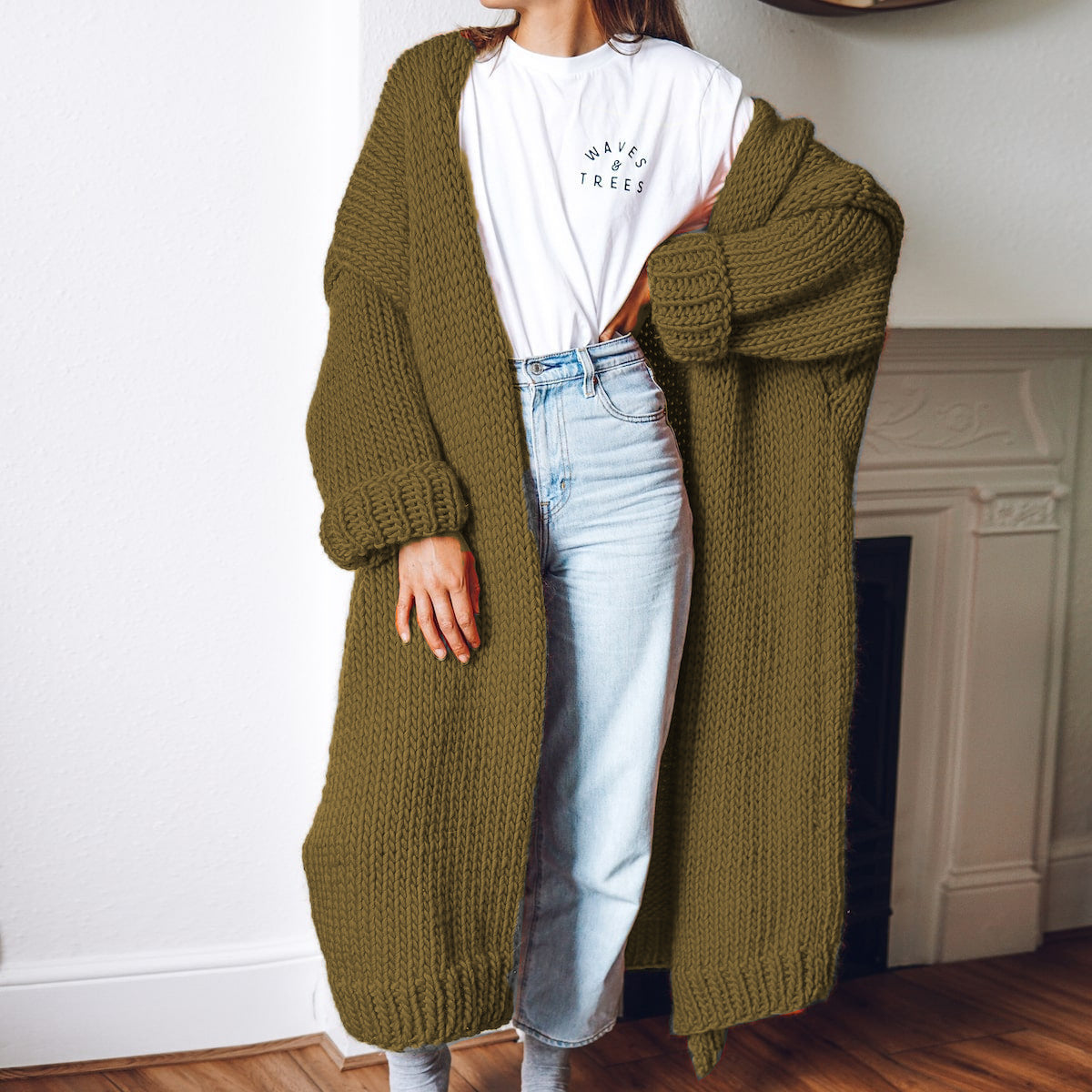 Damen Großer Strickmantel mit tiefen Taschen und voluminösen Ärmeln R&B