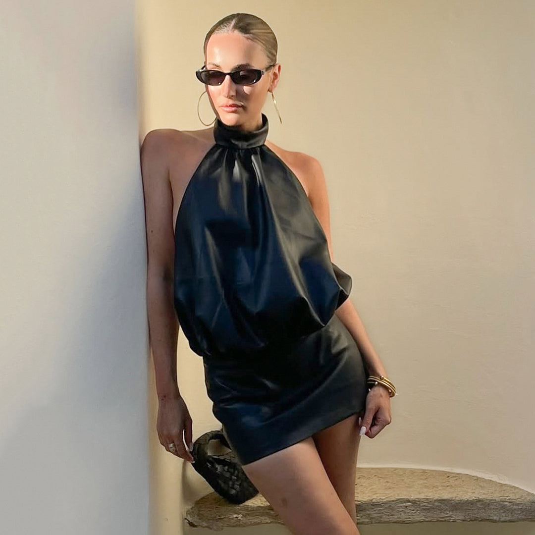 Damen ärmelloses Kunstlederkleid mit modernem Stehkragen R&B