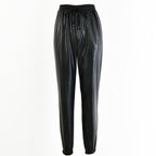 Damen elegante Kunstlederhose mit elastischem Bund und Kordelzug R&B