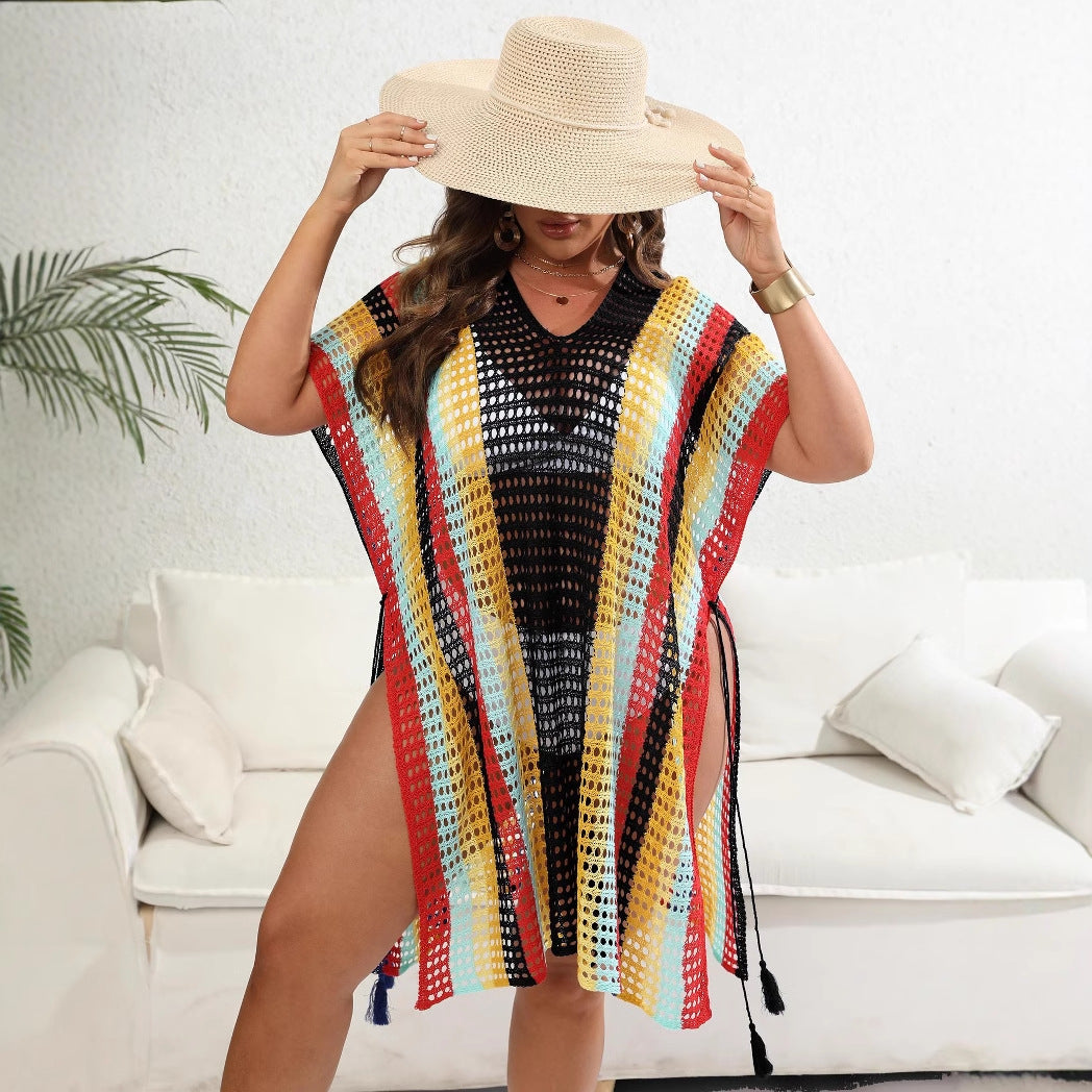 Damen luftiger Häkel-Strandponcho mit modischen Fransen R&B
