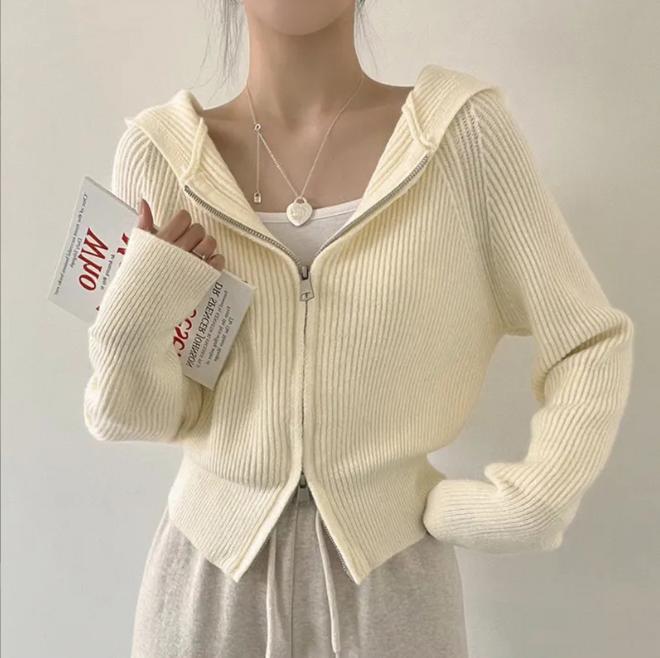 Damen lässige Strickjacke mit Kapuze und Reißverschluss R&B
