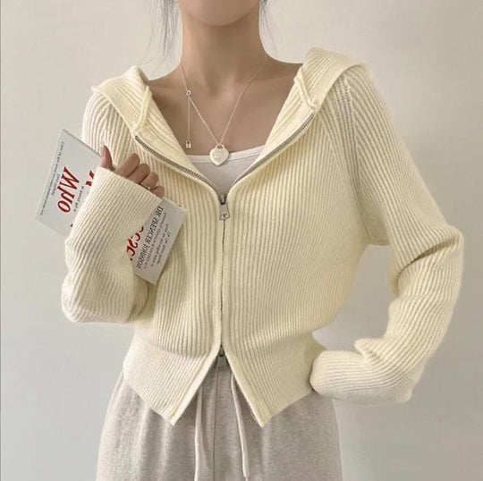 Damen lässige Strickjacke mit Kapuze und Reißverschluss R&B